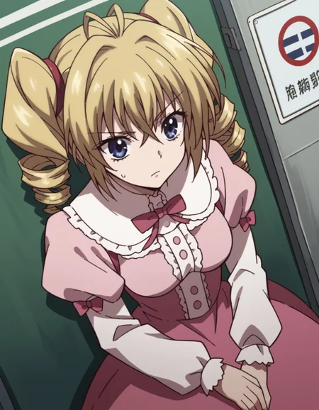 score_9, score_8_up, score_7_up, source_anime, <lora:ravel-phenex-s1-ponyxl-lora-nochekaiser:1>, ravel phenex, blue eyes, blonde hair, twintails, drill hair, antenna hair, medium breasts, dress, bow, pink dress, puffy sleeves, long sleeves, frills,, bus stop, waiting, commuter, smartphone, checking time, cold morning, , , from above,, solo,, cowboy shot, dutch angle,