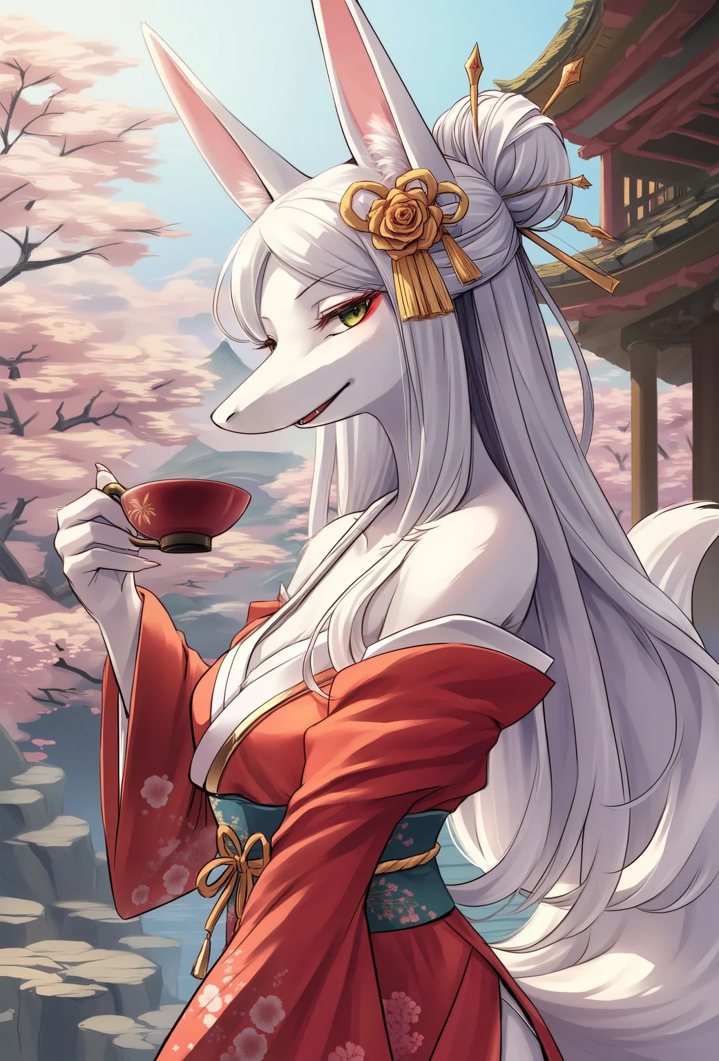 <lora:Freya1:0.9>, score_9, score_8_up, score_7_up, score_6_up, score_5_up, score_4_up, line art, sketch, flat colors, source_furry, source_anime, solo, 1girl,
BREAK, FreyaC, white fur, white hair, long hair, green eyes, wearing kimono, (fluffy:1.2), talking viewer, small breasts, ears, happy, elegant, beautiful, bedroom eyes, sakura tree, tea, kitsune markings, japanese hair bun,
BREAK, Japanese background, bamboo, temple, beautiful lighting, fantasy, high resolution,