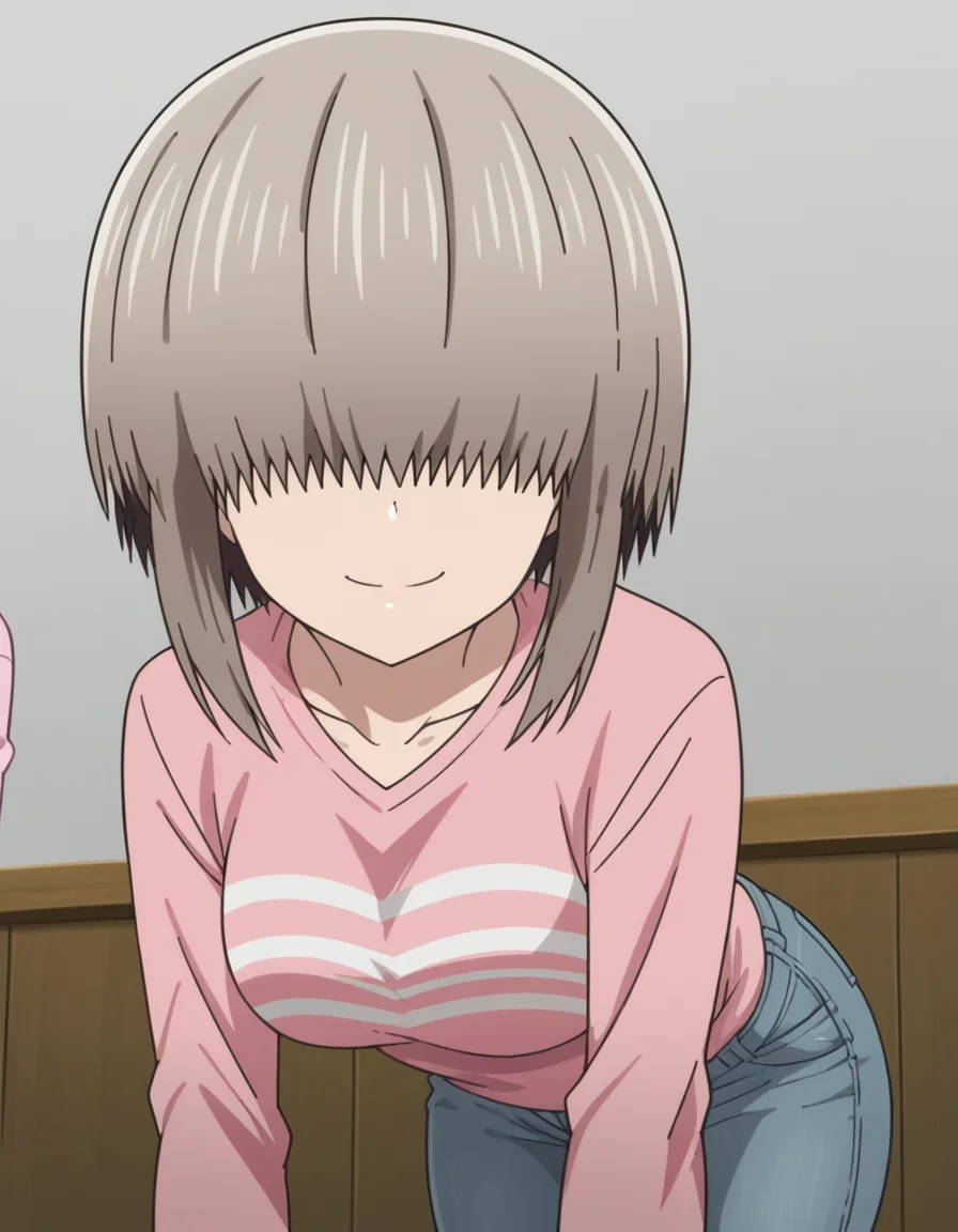 score_9, score_8_up, score_7_up, source_anime,
yanagiuzaki, <lora:yanagi-uzaki-s2-ponyxl-lora-nochekaiser:1>,
yanagi uzaki, short hair, bangs, grey hair, hair over eyes, covered eyes, long bangs, sidelocks, medium breasts,
shirt, long sleeves, pink shirt, collarbone, pants, denim,
indoors, bent over, smile,
looking at viewer, cowboy shot, solo, dutch angle,