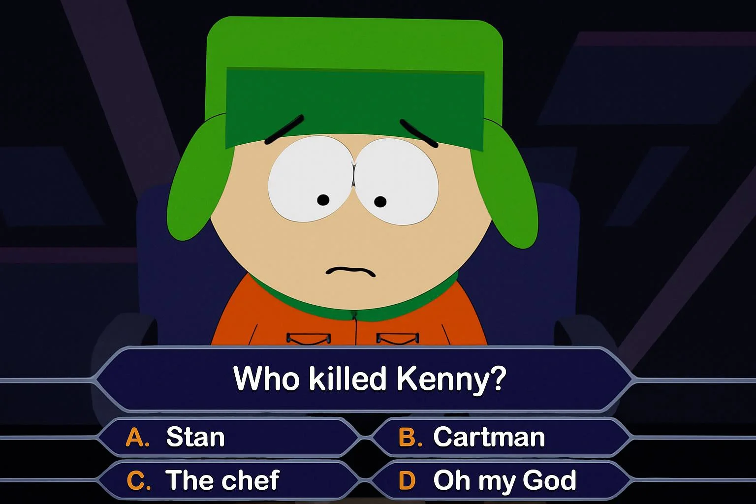 Kyle Broflovski from South Park is stumped by a question "Who killed Kenny?" with for hilarious possible answers in who wants to be a millionaire. Screenshot of a episode of South Park cartoon.
