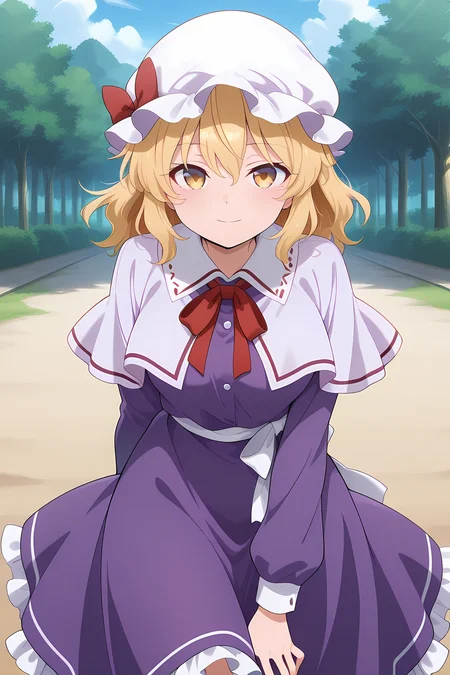 absurdres, highres, masterpiece, best quality, amazing quality, official anime artwork, screencap, anime screencap, outdoors, light smile, looking at viewer, dynamic pose,
 <lora:Maribel-Hearn_Illustrious:1> maribel hearn, 1girl, solo, yellow eyes, blonde hair, medium hair,, white mob cap, red hat ribbon, purple dress, long sleeves, frilled skirt, white capelet,