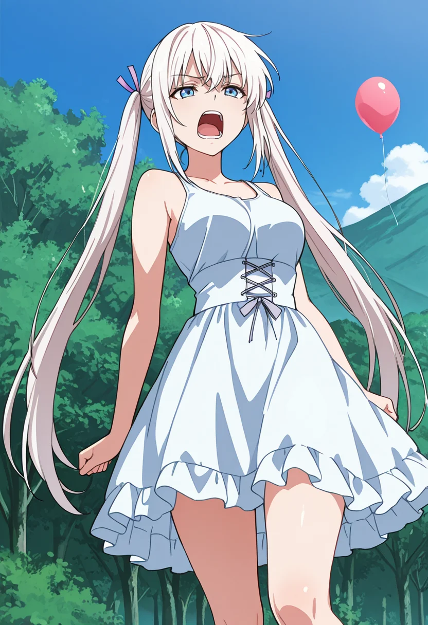 masterpiece,high quality details,
outdoors,
<lora:Komako_Semenovich:0.8> komako_cnr, 1girl, white hair, very long hair, twintails, blue eyes,sidelocks, hair ribbon,(aged up:1.2), screaming,disgust,, pinafore top ,tank top,balloon skirt, ,cross-laced legwear,