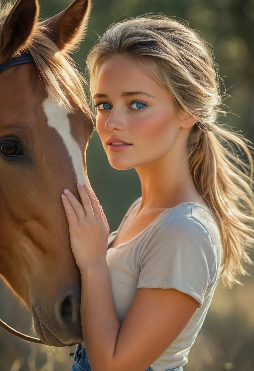An 18-year-old blonde girl stands in a sunlit pasture, gently nuzzling the muzzle of a majestic chestnut horse. She’s wearing well-fitted blue jeans and a short-sleeve, button-up work shirt tied at the waist, giving her a relaxed yet practical farm-girl look. Her golden blonde hair is neatly pulled back into a ponytail, with a few loose strands catching the warm afternoon sunlight. Her piercing blue eyes sparkle with affection as she leans in close, her face nearly touching the horse's, and a soft, serene smile graces her lips. Artful tattoos trace across her exposed arms and peek from beneath her shirt, adding an unexpected layer of personality and charm. The golden light filters through the branches of a nearby oak tree, casting gentle patterns on the grass and wrapping the scene in a dreamy, rustic glow. The connection between girl and horse feels pure and timeless, capturing a perfect harmony of natural beauty, countryside charm, and quiet intimacy.