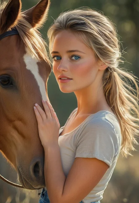 An 18-year-old blonde girl stands in a sunlit pasture, gently nuzzling the muzzle of a majestic chestnut horse. She’s wearing well-fitted blue jeans and a short-sleeve, button-up work shirt tied at the waist, giving her a relaxed yet practical farm-girl look. Her golden blonde hair is neatly pulled back into a ponytail, with a few loose strands catching the warm afternoon sunlight. Her piercing blue eyes sparkle with affection as she leans in close, her face nearly touching the horse's, and a soft, serene smile graces her lips. Artful tattoos trace across her exposed arms and peek from beneath her shirt, adding an unexpected layer of personality and charm. The golden light filters through the branches of a nearby oak tree, casting gentle patterns on the grass and wrapping the scene in a dreamy, rustic glow. The connection between girl and horse feels pure and timeless, capturing a perfect harmony of natural beauty, countryside charm, and quiet intimacy.