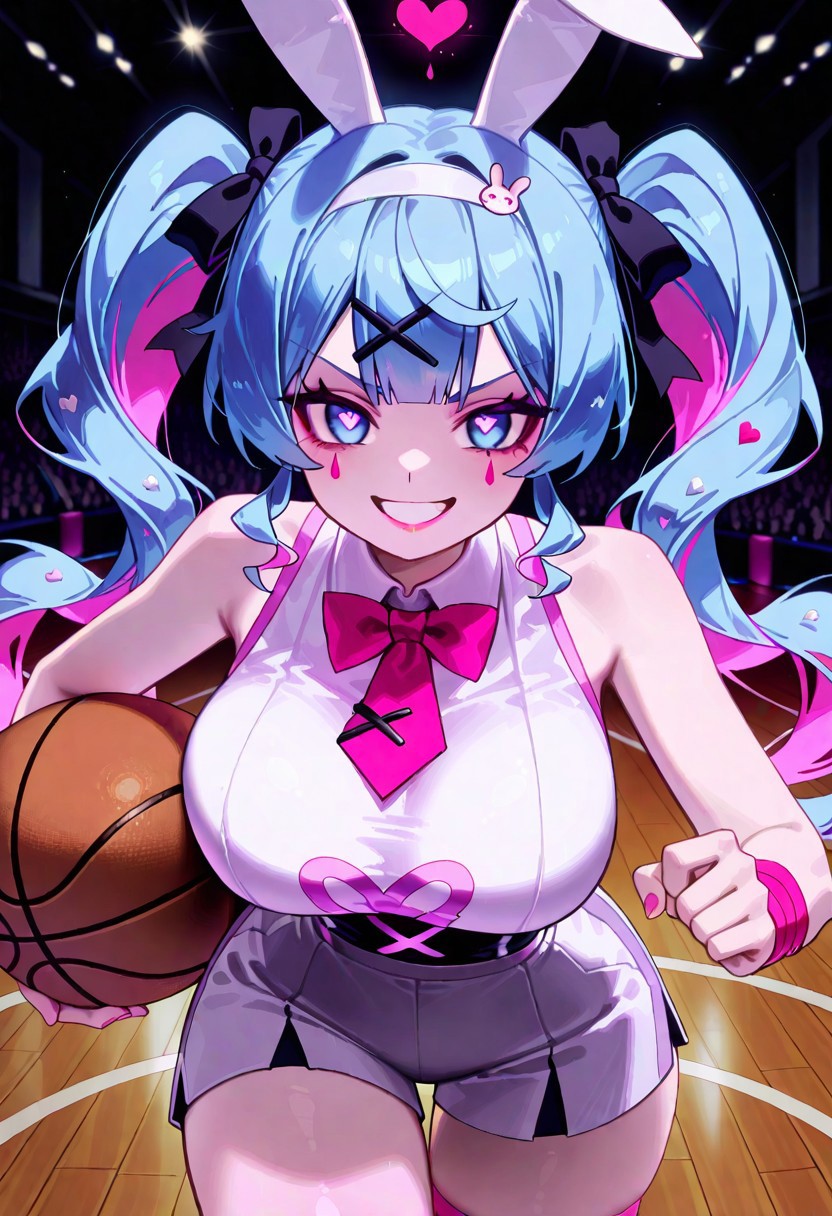 yoon cook,genya (genya67),
masterpiece,best quality,amazing quality,very aesthetic,
(wide hips:1.3),thick thighs,narrow waist,huge breast,rabbit hole miku,facial mark,twintails,x hair ornament,hair ribbon,heart-shaped pupils,blue eyes,blue hair, thigh gap,multicolored hair,pink hair,
pink lipstick,grin,
1girl, solo, short, basketball outfit, determined face,