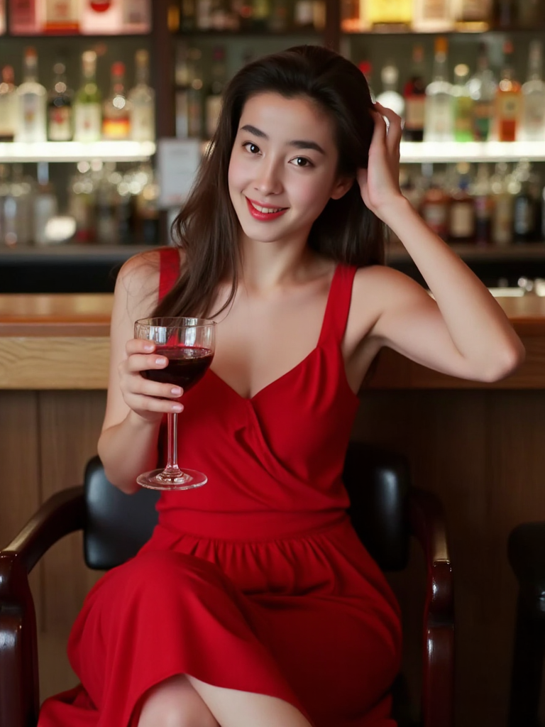 There are wonderful studio lights and various reflections,her thin face is very delicate,
18yo beautiful cute girl with blushing and female orgasm.skin naturally showing the texture of blood vessels and detailed pale skin,the sidelight outlines her sexy body curves,(looking at viewer:1.2),
--,
<lora:Rie_Miyazawa_f1p:1>,she is Rie Miyazawa,
--, --,This image depicts a scene of an elegant female secretary sitting on a bar stool in a bar,exuding a fashionable and charming atmosphere. She is wearing a red low-cut long dress with a simple yet detailed design,the flowing lines outlining her alluring curves,and the skirt falls softly,adding a touch of sensuality and elegance. The secretary is lightly running her fingers through her long hair with one hand,holding a glass of wine in the other,and her face is adorned with a captivating smile as she gazes directly at the camera,conveying confidence and appeal.Her posture is natural,her sitting posture is graceful,her legs are lightly crossed,and the overall look is both relaxed and full of charm. The soft lighting in the bar reflects on her skin,giving it a healthy glow and a vibrant energy. The background is a modern bar,with a wooden bar counter and a colorful array of liquor bottles forming a striking contrast,creating a cozy and fashionable atmosphere.The overall image,through the skillful use of lighting,color,and composition,successfully conveys a relaxed and enjoyable social atmosphere,while also showcasing the elegant character and captivating charm of the female secretary.
