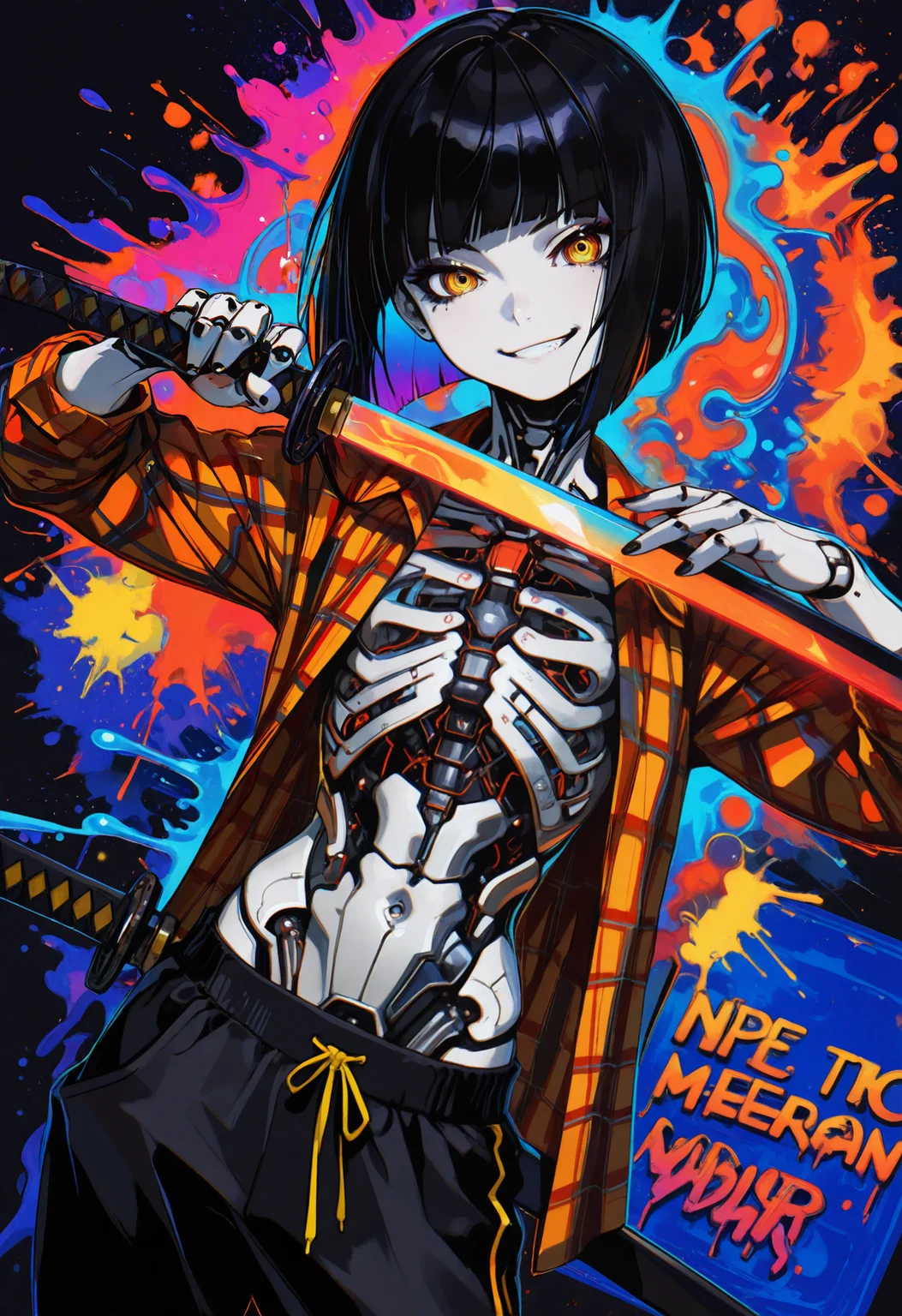 embedding:lazypos, 1girl, black bob, bangs, holds katana in hand, leans on katana, katana forward, ((open orange plaid shirt)), sweatpants, abs, skinny, relief body, muscular, look at viewer, emotionless expression, cruel smirk, battle posture, strict posture, yellow eyes, black mascara, cyberpnuk ninja, cyber futurism, cyberpunk, techno punk, dark theme, action theme, simple background, plaid zentangle pattern, cubism, abstractionism, realism, tribal tattoo, (ink graffiti with neon glow in traditional japan style:1.2), close up, dutch angle, epic portrayal illustration, (splash art style merges with sketch art style), erotic, revealing, lewd, sexy, color palette contain red, black, blue, yellow colors, dark soft colors, matte illustration, <lora:TrendCraft_The_Peoples_Style_Detailer-v1.0A-3_13_2025-NoobVPRED:0.2>