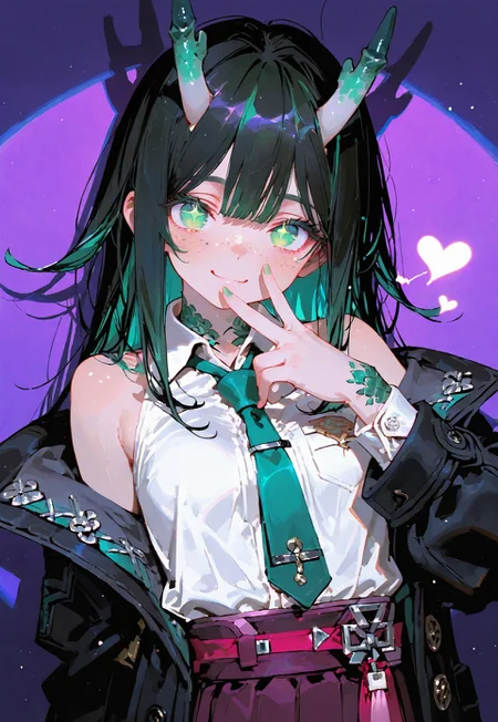 looking at viewer,bust shot

Heart hand gesture,smile

1 girl,petite,loose unruly messy hair,messy bangs,black hair,green accents hair,fair skin,dragon horns,green eyes, sparkling eyes,freckles

Large Black coat with green accent,coat hanging sleeves,white sleeveless buttoned shirt tucked in,green tie, exposed shoulder

Color background, bright purple background,shadow, light from front,glimmer, scales design, sparkling,spotlight,soft anaglyph

Cunnystyle,748cmstyle,Smooth_Quality,masterpiece,best quality,amazing quality, aesthetic,bright colors,bold lines