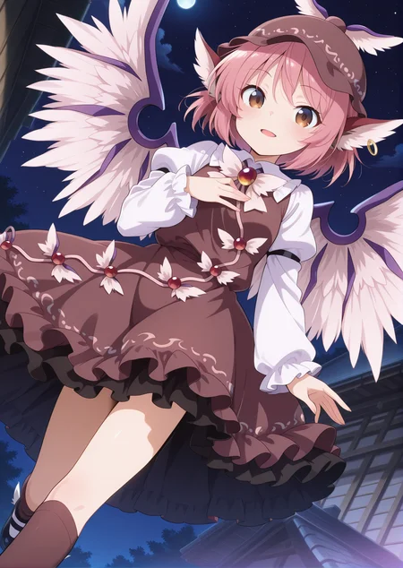 absurdres, highres, masterpiece, best quality, amazing quality, official anime artwork, screencap, anime screencap, outdoors, looking at viewer, light smile, dynamic pose, night,  <lora:Mystia-Lorelei_Illustrious:1> mystia lorelei, 1girl, solo, brown eyes, pink hair, short hair, animal ears, earrings, wings,, hat, winged hat, brown dress, puffy sleeves, juliet sleeves, brown thighhighs, black footwear, 
moon, flying, star, open mouth,