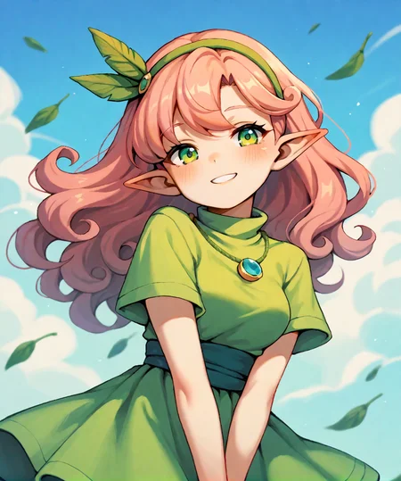 2d, (score_9, score_8_up, score_7_up, score_6_up, score_5_up, score_4_up), (cute:1.1), looking at viewer, sky, happy
BREAK <lora:windy_PDXL:0.85> p_windy, solo, pink hair, curly hair, long hair, green eyes, pointy ears, green dress, hairband, (feather:0.1), necklace, breasts, (high collar, turtleneck:0.7),