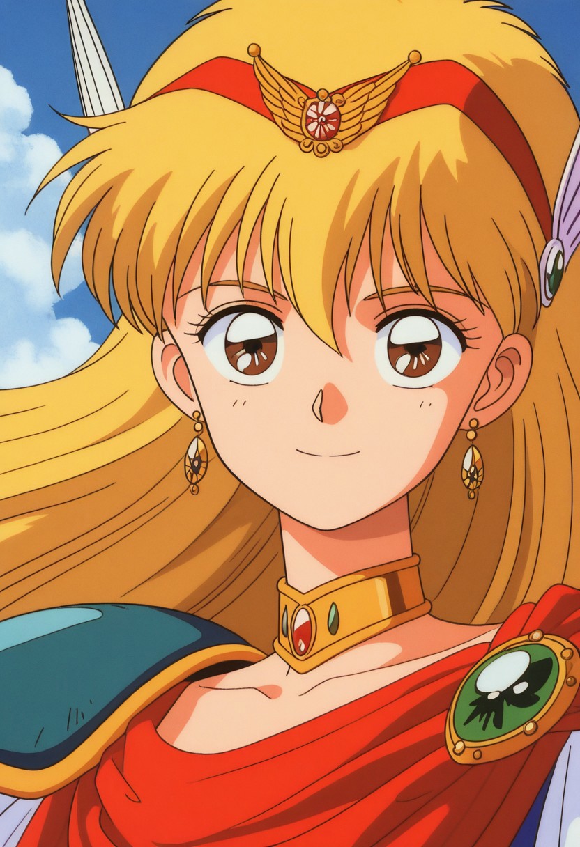 masterpiece, best quality, source_anime,official art,perfect_anatomy,1990s_\(style\),retro_artstyle,magical princess,1girl,brown eyes,blonde hair,long hair,jewelry,earrings,choker,armor,shoulder armor,hairband,hair ornament,cape,(beautiful detailed face,looking_at_viewer,happy,smile,portrait,close to viewer,day,blue_sky,cloud