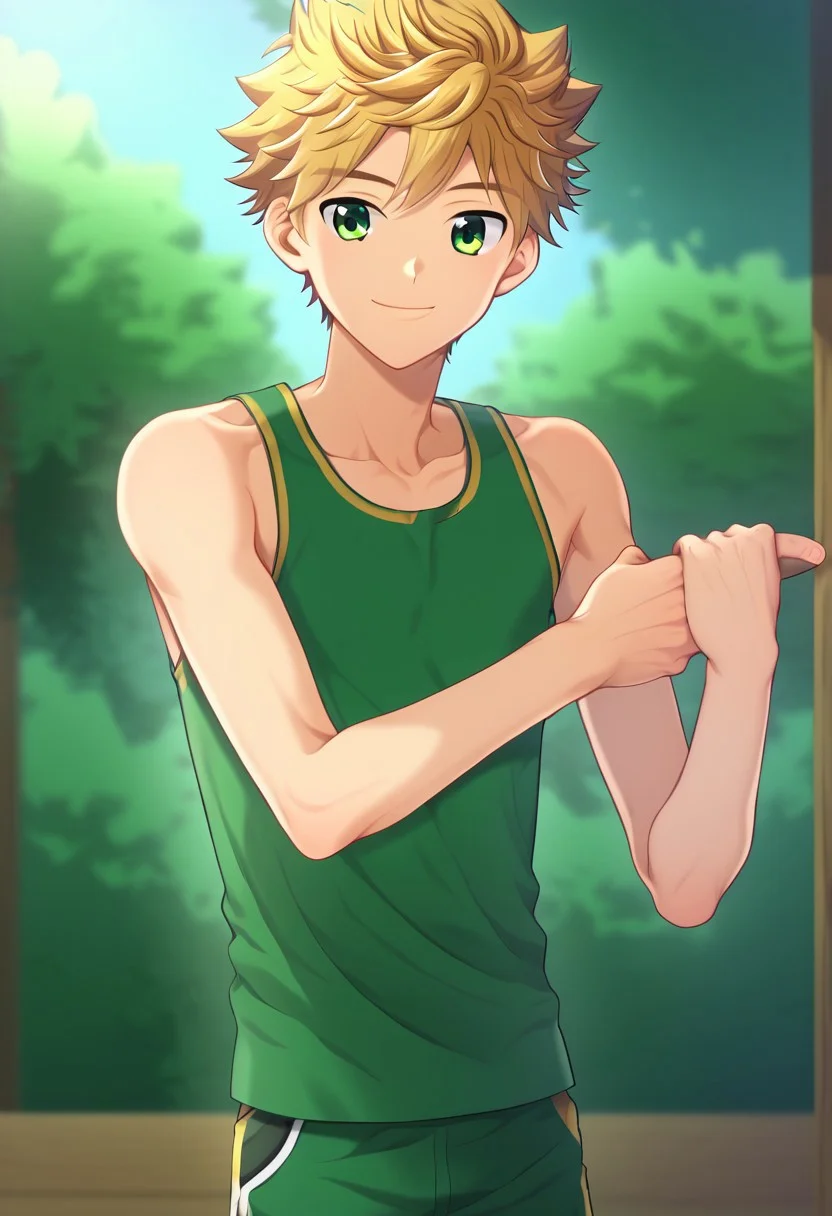 hikarishi_kenji, blond hair, short hair, bangs, green eyes, 1boy, (solo:1.20), solo focus, character with (athletic body:1.1), (balanced:1.2), green tank top, wear black trunk, smile, proportional body, strong lower body, handfixer