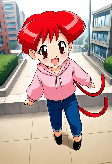 <lora:Hyper-SDXL-8steps-lora:1> <lora:Fixhands_anime_bdsqlsz_V1:1> zPDXL2, score_9, score_8_up, score_7_up, source_anime, intricate details, perfect anatomy BREAK
1girl, chibi, ggg-hatsunohana, red hair, red eyes, ggg-hatsunohana outfit, pink hoodie, jeans, black shoes, 
dynamic angle, on side, Happy,  wide smile with raised cheeks and crow's feet around the eyes.,
outdoors, city, tokyo, japan, 
<lora:ggg-hatsunohana_XL(pony)v10:1>