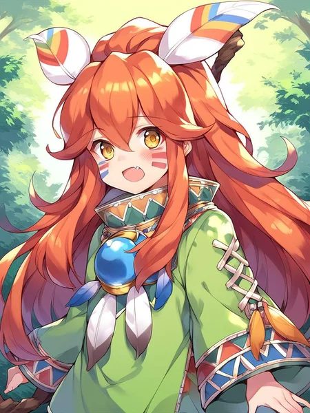 score_9, score_8_up, score_7_up, source_anime, rating_explicit, BREAK <lora:Popoi_XL:1>
Popoi, long hair, androgynous, feather hair ornament, hair ornament, feathers, red hair, facepaint, facial mark, orange hair, yellow eyes, very long hair, hair between eyes,
staff, under body, solo, poncho, tunic, blush, open mouth, fang, looking at viewer,
forest,
