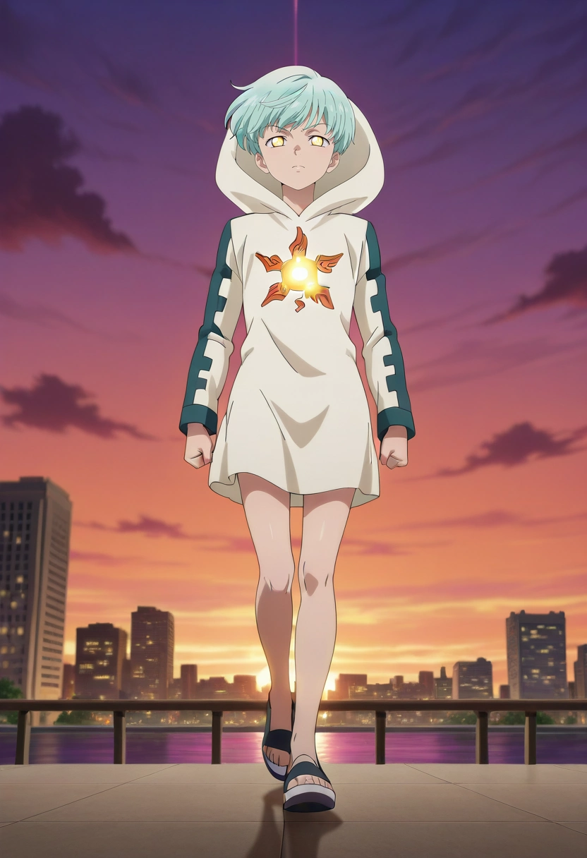 masterpiece, best quality, intricate details, anime screencap, anime coloring, official style, , 1boy, solo, male focus, <lora:sariel_nnt_ilxl:0.94>, sariel_nnt, aqua hair, yellow eyes, short hair, , city waterfront, glowing reflections, swaying boats, bustling piers, walking pose, nostalgic expression, evening breeze,