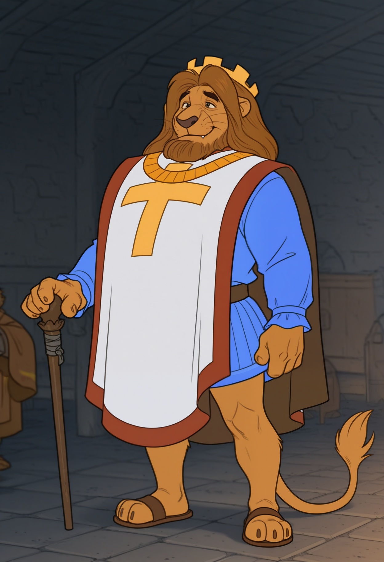 masterpiece,best quality,amazing quality, 1boy, solo, r1ch4rd, lion, richard's crown, richard's tabard, richard's tunic, richard's sandal, richard's necklace, richard's cane, full body,