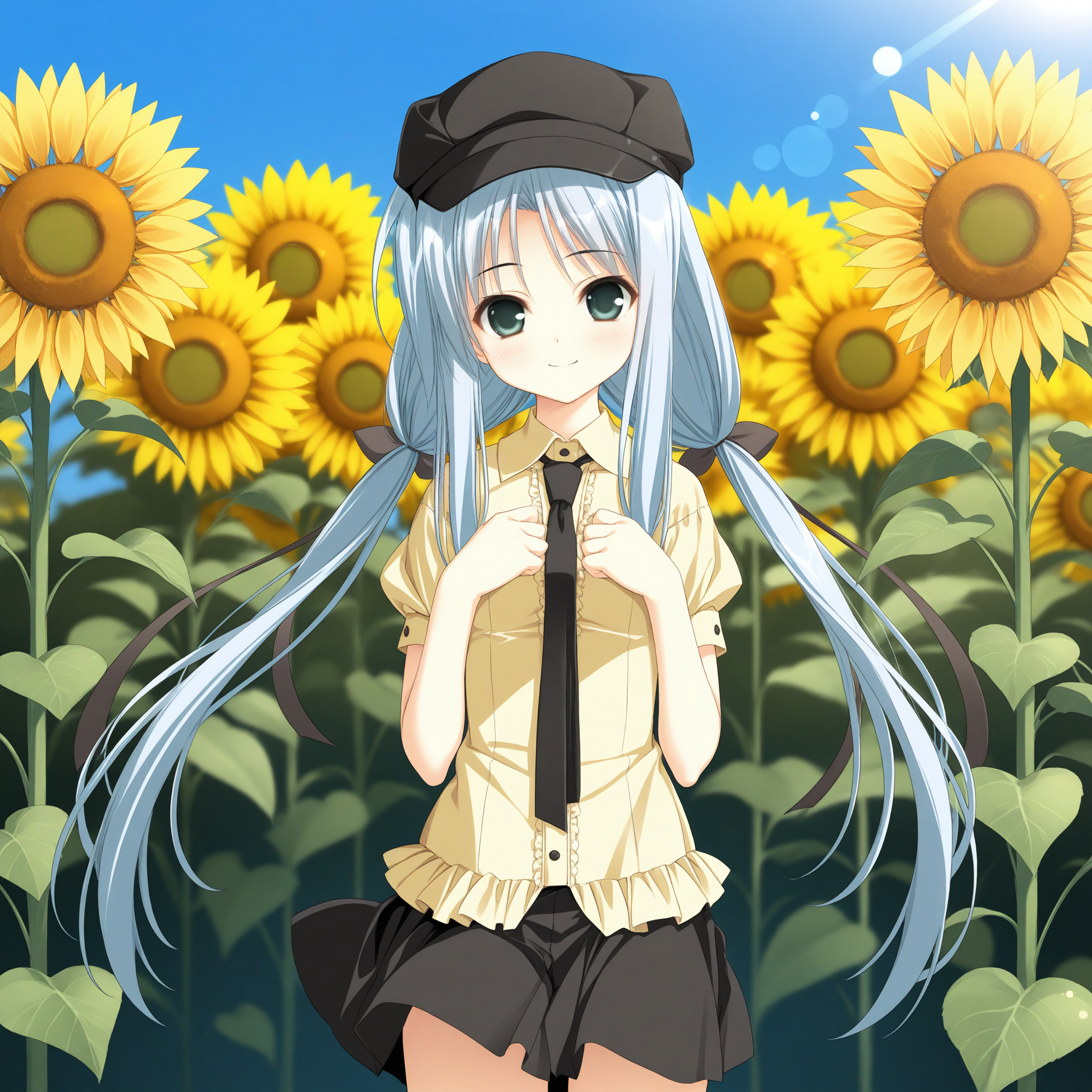 <lora:Nonohara_Hinazakura_1_nai-000038:1>,Nonohara Hinazakura,twintails,hair ribbon,black ribbon,
black necktie,yellow shirt,black hat,black skirt,miniskirt,collared shirt,frills,
1girl,solo,smile,standing,straight-on,looking at viewer,front view,wind,day,own hands together,hands on own chest,floating hair,sunflower,sunflower field,depth of field,lens_flare,