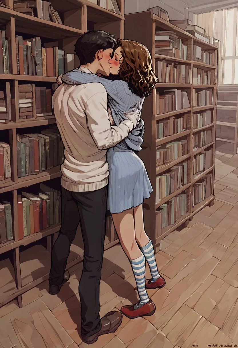 score_9, score_8_up, score_7_up,1girl, over the shoulder perspective, female_focus, Hermione Granger, makeout, (hand_under_clothes:1.4), hands on breasts, hands under shirt, grope, embrace, striped socks, back against shelf, 1boy, back of head, from the back, sweater, slacks, dress shoes, deep kiss, blush, slight smile, book shelf, book piles, open books, school robes