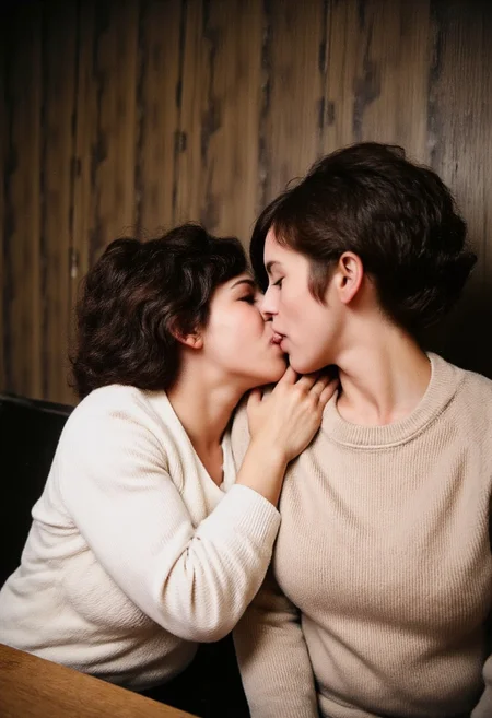 Color photo shoot from a close-up camera angle about two women in an intimate moment, kissing each other passionately against a textured wooden wall. the image also shows two asian women, one with long, wavy dark hair and the other with short, black hair, both wearing light-colored sweaters. on the left side of the image, a woman with brown hair appears to be kissing the other woman, who is positioned to the left of the frame, facing the viewer and her eyes closed. the woman on the right side is sitting on a wooden bench, wearing a light sweater and has her hand on the other's neck. the background is a dark wooden wall with a subtle texture, and the overall mood is intimate and romantic.,full body,<lora:_Flux\Anders_Petersen.safetensors:1.0:1.0>