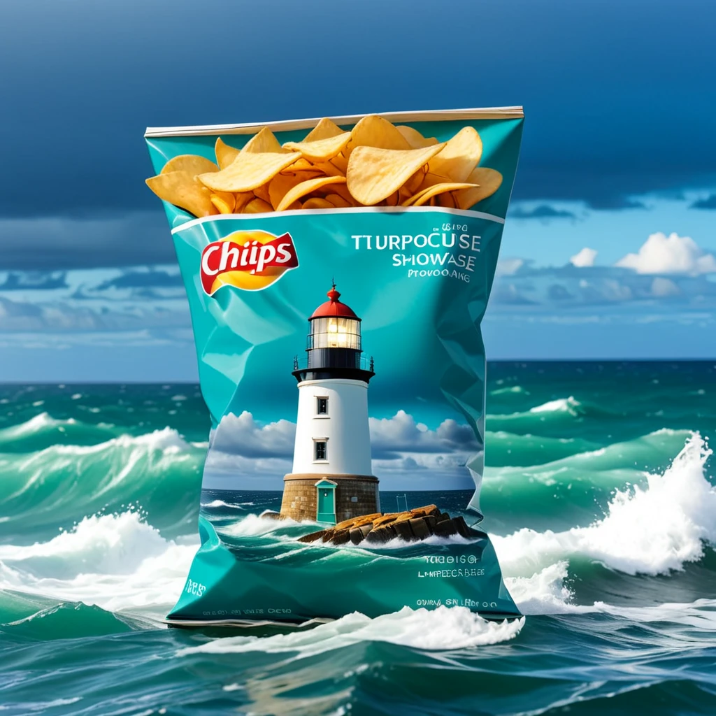(chips bag showcase) <lora:56_chips_bag_showcase:1.1>
Turquoise background,
high quality, professional, highres, amazing, dramatic,
(Old lighthouse and stormy sea backdrop:0.5),
