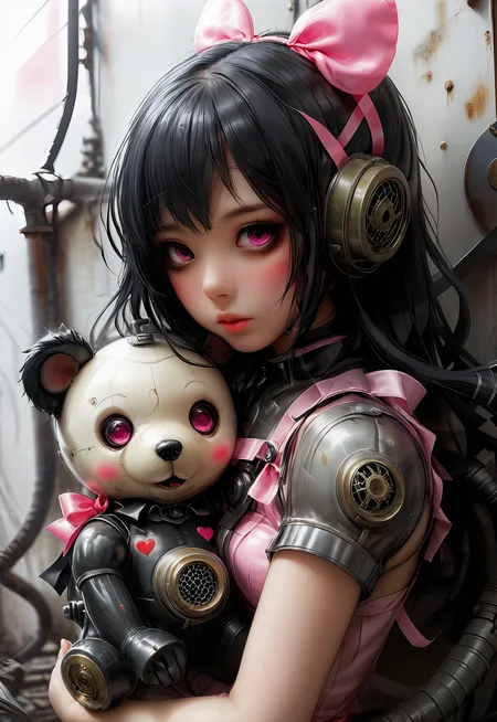Darkness, horror, creepy, disease, mine - type, mass - produced type, gas mask, cross, ribbon, heart, slanted eyes, twintails, thick coating, black hair, pink eyes, hugging a teddy bear, art by hajime sorayama, <lora:Dystopia:0.8>