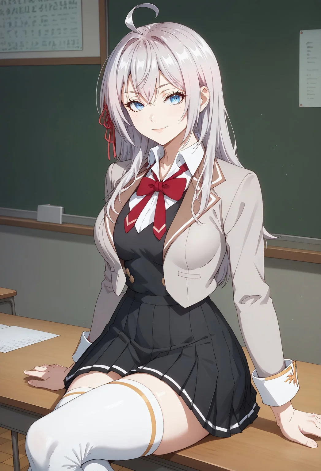 safe_pos, safe_pos, score_9, score_8_up, score_7_up, Cowboy Shot, , cute, seductive, innocent, light smile:0.3, alisa mikhailovna kujou, alya, an anime character, Alya Sometimes Hides Her Feelings in Russian, long silver hair, large breasts, f cup breasts, blue eyes, perfect hands, perfect fingers, perfect anatomy, red hair ribbon, white thigh highs with one yellow stripe, black pleated skirt with one white stripe, white collared shirt, red bowtie, grey blazer jacket, ahoge, notched lapels, black vest, black loafers, sitting on a desk in a classroom, legs crossed, a blackboard in background, students are sitting and working in background, anime lighting, depth of field, dynamic angle, fashion photography, sharp, hyperdetailed:1.15