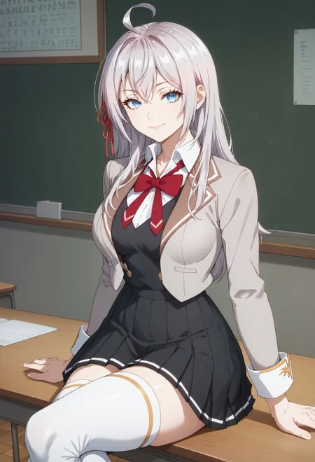 safe_pos, safe_pos, score_9, score_8_up, score_7_up, Cowboy Shot, , cute, seductive, innocent, light smile:0.3, alisa mikhailovna kujou, alya, an anime character, Alya Sometimes Hides Her Feelings in Russian, long silver hair, large breasts, f cup breasts, blue eyes, perfect hands, perfect fingers, perfect anatomy, red hair ribbon, white thigh highs with one yellow stripe, black pleated skirt with one white stripe, white collared shirt, red bowtie, grey blazer jacket, ahoge, notched lapels, black vest, black loafers, sitting on a desk in a classroom, legs crossed, a blackboard in background, students are sitting and working in background, anime lighting, depth of field, dynamic angle, fashion photography, sharp, hyperdetailed:1.15