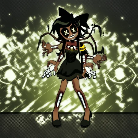 Cyn, 1girl, solo, x pupils, black hair, smile, black dress, armband, yellow armband, extra hands, wallpaper, score_9