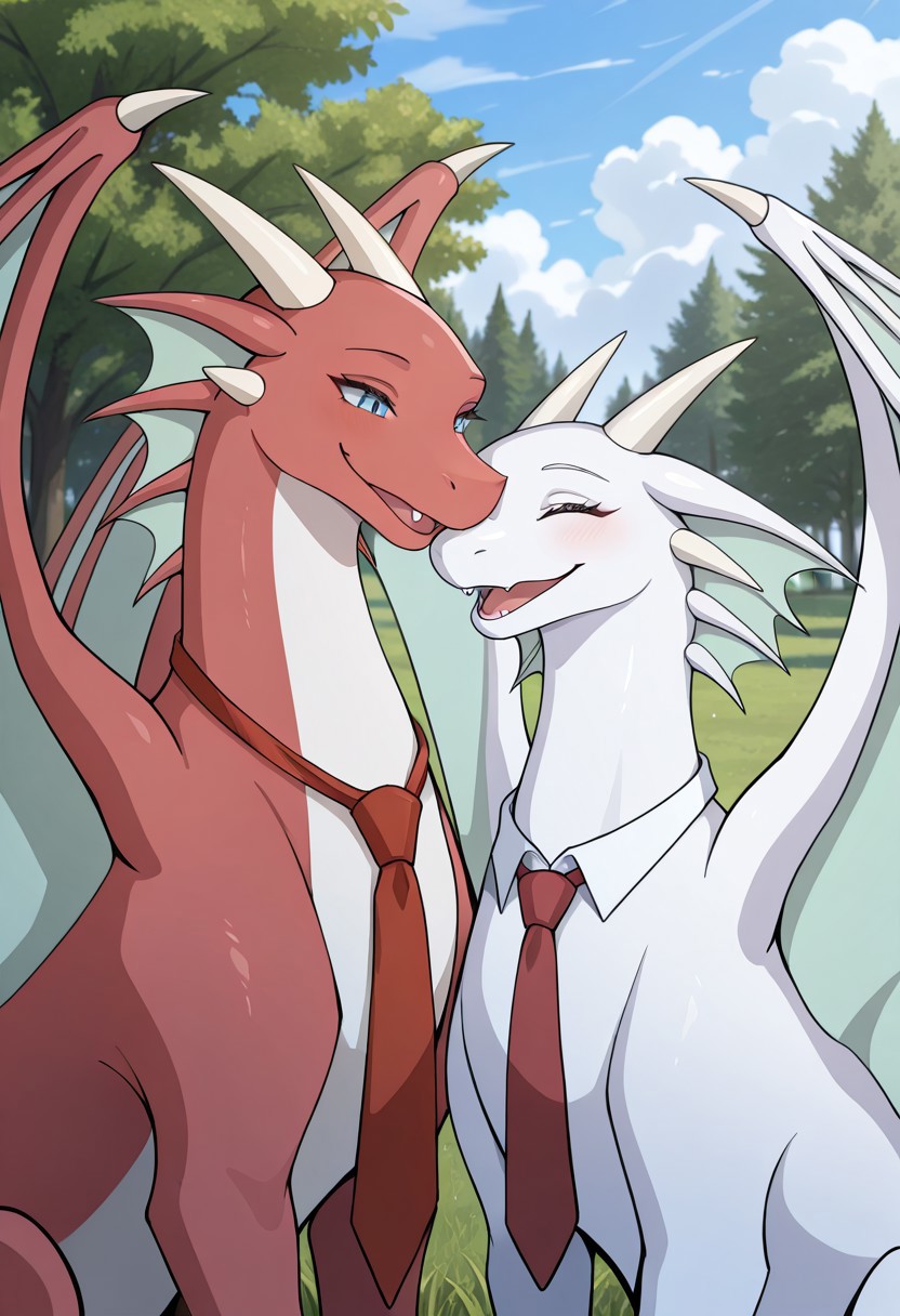 1girl, 1boy, two dragons nuzzling one another, highres, absurdres, newest, masterpiece, best quality, furry, furry_female, Amelia_awsw, dragon, red scales, wings, horns, (feral, quadruped:1.3), Remy_awsw, dragon, white scales, red necktie, detailed eyes, spread wings, (standing), open_mouth, open mouth smile, happy, love, touching heads, detailed outdoor hill with bright sunny day background, day scene, professional lighting, green grass, trees in background, blue sky with white clouds, duo, smiling, seductive, looking_at_viewer, masterpiece, close up, safe