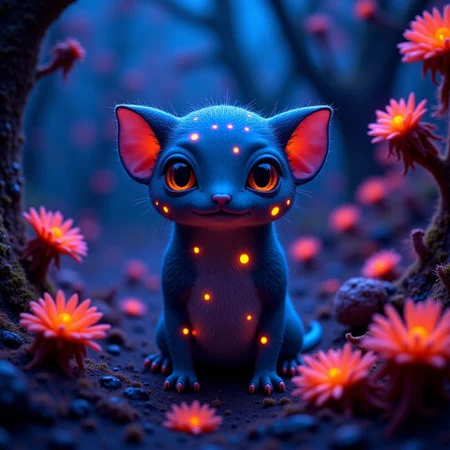 A sharp close-up of an extremely cute creature with fluorescent spots on its skin in a magical, fluorescent forest with strange and unknown plants and animals. The creature stands in the center and is illuminated in a special way, a play with shadow and light.