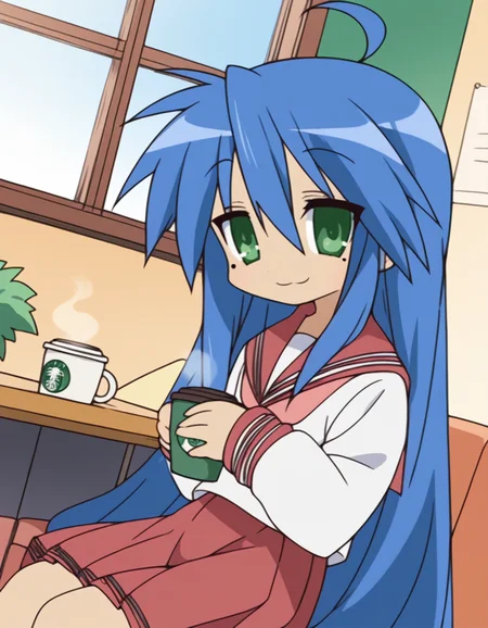 score_9, score_8_up, score_7_up, source_anime, <lora:konata-izumi-s1-ponyxl-lora-nochekaiser:1>, konata izumi, long hair, very long hair, green eyes, blue hair, ahoge, mole, mole under eye,, skirt, long sleeves, school uniform, pleated skirt, serafuku, sailor collar, neckerchief, red skirt, ryouou school uniform,, cafe, coffee cup, barista, sitting down, talking, relaxing, sunlight through window, , smile, looking at viewer, solo,, dutch angle, cowboy shot