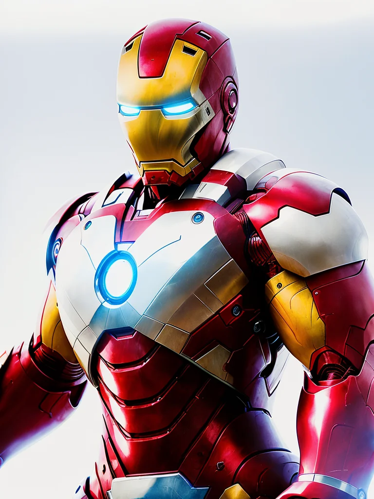 (to8highkey style:1.3) masterpiece color portrait photo of iron man isolated against a (white background:1.5), high key, trending on artstation