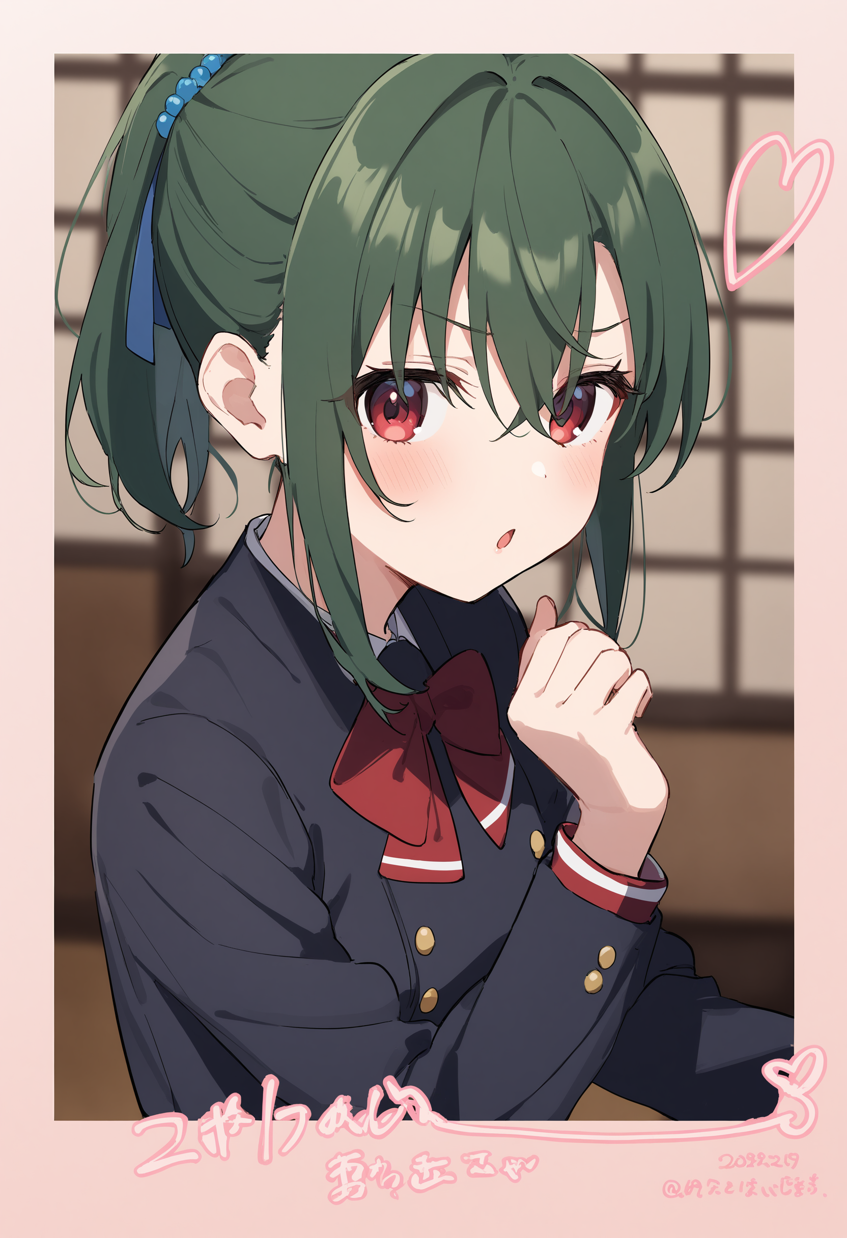 1girl,sincos, ningen mame, toosaka asagi,solo,medium breasts,school uniform,
polaroid, border, english text, character name, dated, artist name, signature,heart, twitter username,<lora:polaroid_XL_v1:0.8>
from side, portrait, looking away, green hair, red eyes,dark persona, tea ceremony room, open mouth, half updo hair,,
best quality, very aesthetic, absurdres