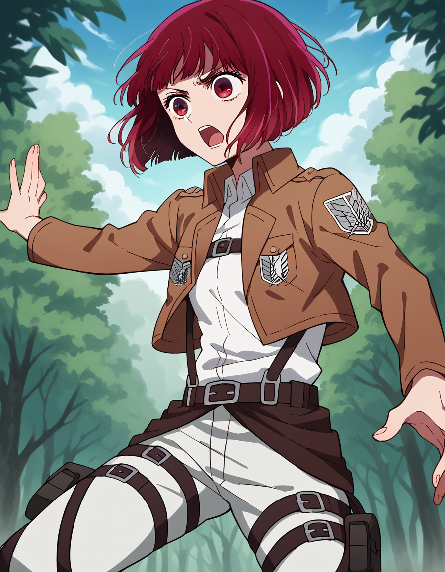 score_9, score_8_up, score_7_up, source_anime, kanaarima, <lora:kana-arima-s1-ponyxl-lora-nochekaiser:1>, kana arima, short hair, bangs, red eyes, red hair, bob cut, small breasts,, <lora:paradis-military-uniform-ponyxl-lora-nochekaiser:1>, paradis military uniform, belt, cloack, cropped jacket, emblem, green cloak, jacket, long sleeves, pants, shirt, thigh strap, uniform, white pants, white shirt, brown jacket,, outdoors, forest, nature, fighting stance, open mouth, floating, flying,, cowboy shot, dutch angle, solo,
