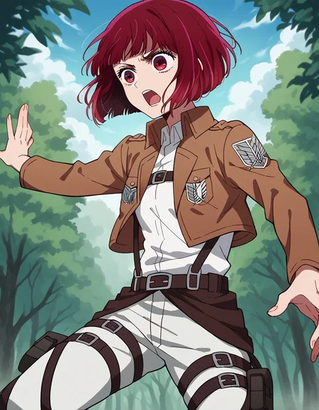 score_9, score_8_up, score_7_up, source_anime, kanaarima, <lora:kana-arima-s1-ponyxl-lora-nochekaiser:1>, kana arima, short hair, bangs, red eyes, red hair, bob cut, small breasts,, <lora:paradis-military-uniform-ponyxl-lora-nochekaiser:1>, paradis military uniform, belt, cloack, cropped jacket, emblem, green cloak, jacket, long sleeves, pants, shirt, thigh strap, uniform, white pants, white shirt, brown jacket,, outdoors, forest, nature, fighting stance, open mouth, floating, flying,, cowboy shot, dutch angle, solo,