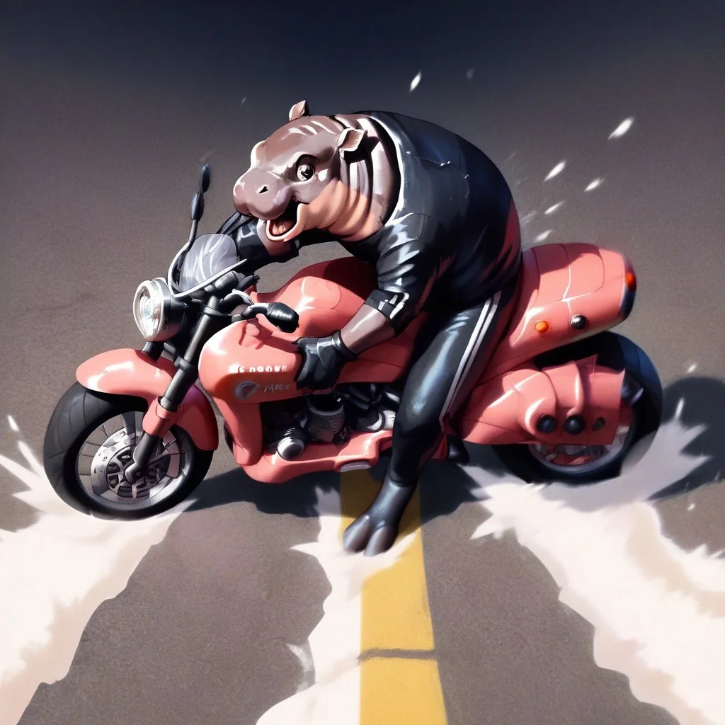 score_9,score_8,score_7,score_6,score_5, no humans, moo deng, hippo, animal focus, akira slide, motorcycle, bike, riding