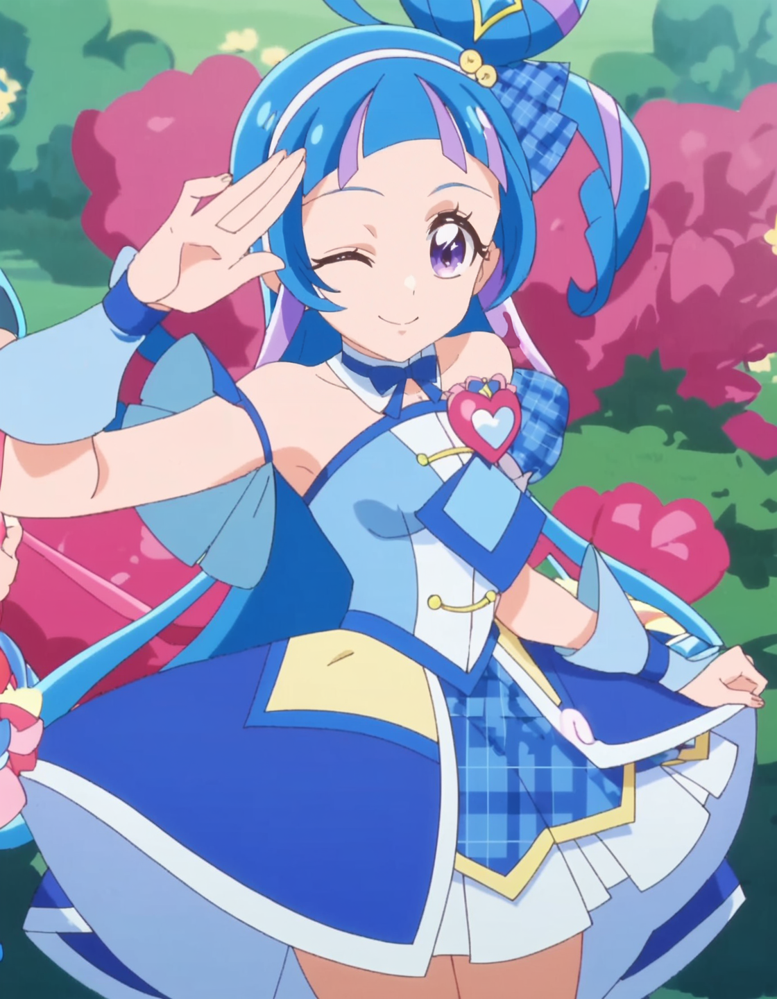 score_9, score_8_up, score_7_up, anime screencap, solo,1girl,curewink,blue hair, smile, looking at viewer, blue dress, magical girl, skirt, one eye closed,medium breasts ,cowboy shot<lora:curewink_pony:0.80>