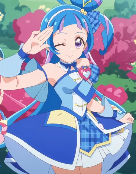 score_9, score_8_up, score_7_up, anime screencap, solo,1girl,curewink,blue hair, smile, looking at viewer, blue dress, magical girl, skirt, one eye closed,medium breasts ,cowboy shot<lora:curewink_pony:0.80>