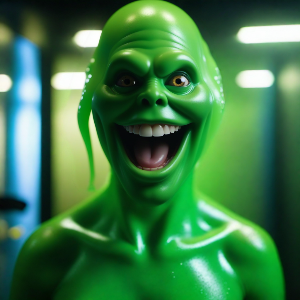 Slimer1024, a glowing green see-through ghost, wet and slimy, in locker-room, features intricate detail, detailed eyes, highly detailed, photography, ultra sharp, film, bokeh, professional, 4k  <lora:Slimer1024:0.3>