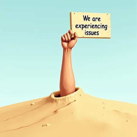highly detailed illustration of an arm stretched to the sky, emerging from quicksand, holding a sign saying: "We are experiencing issues"