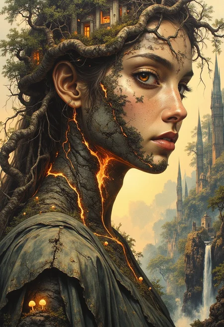 A tight head-and-shoulders portrait of a woman whose form is an extension of the earth itself. Her skin is textured like weathered stone and rich soil, with deep glowing fissures along her collarbone and neck, radiating soft golden light. Embedded veins of molten rock glow faintly beneath the surface. Her eyes are polished amber with flecks of gold and deep mossy green. Small trees and patches of dense greenery grow along her cheekbones and jawline, their leaves mist-covered and softly illuminated. Tiny glowing bioluminescent mushrooms cluster at the base of her throat. Her hair is composed of twisted vines, tangled roots, and blooming wildflowers, interwoven with fallen leaves and delicate petals. As it flows downward, it transforms into a dense, sprawling forest covering her shoulders, where miniature treetop villages are nestled among the branches. Small lanterns hang between the trees, casting a soft, golden glow. Her shoulders and collarbones form rolling hills, with small waterfalls cascading down her form, creating mist that drifts gently through the air. Clear rivers carve through the terrain, their surfaces reflecting warm sunlight. Tiny stone bridges arch over winding streams. Along the slopes of her shoulders, ancient stone ruins, partially covered in ivy, rest in quiet decay. The background is softly blurred, showing golden sunlight.