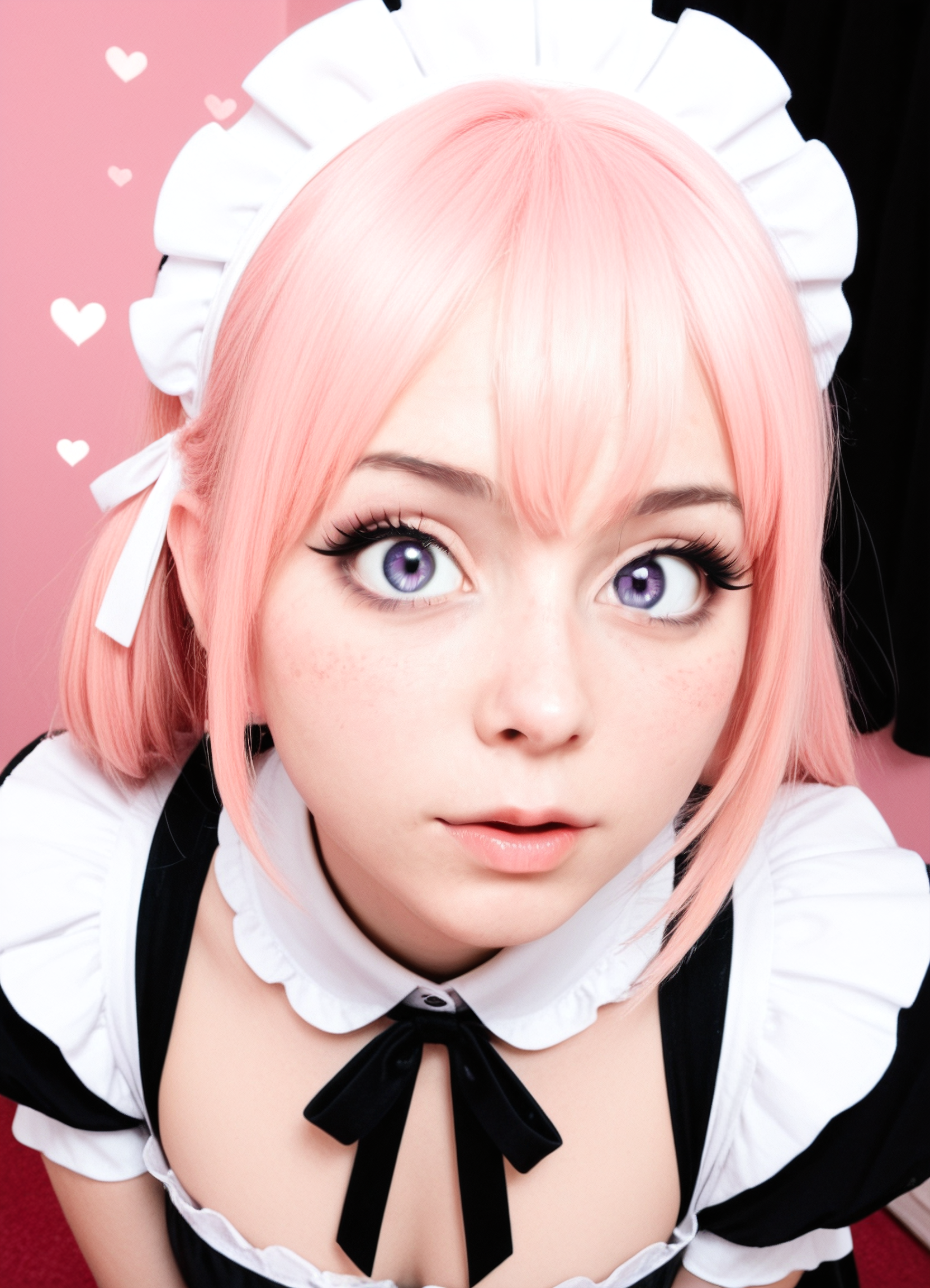 masterpiece, high_quality, highres, flat_colors, gradient, :D, crazy eyes, long_lashes, blush, middle bangs, maid outfit, looking_at_viewer, dynamic_angle, cinematic,uwu_expression, hearts, halftone_background, pink_background, black_background <lora:CivChan_SDXL:1.0000000000000002>