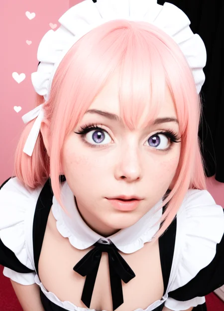 masterpiece, high_quality, highres, flat_colors, gradient, :D, crazy eyes, long_lashes, blush, middle bangs, maid outfit, looking_at_viewer, dynamic_angle, cinematic,uwu_expression, hearts, halftone_background, pink_background, black_background <lora:CivChan_SDXL:1.0000000000000002>