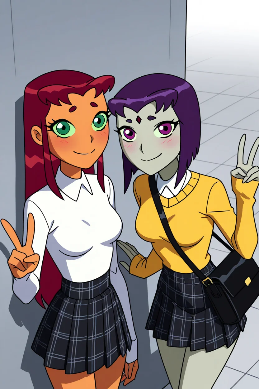 masterpiece, best quality, strfr, rvn, raven (dc), starfire, dc comics, 2girls, colored skin, green eyes, grey skin, medium breasts, orange skin, purple eyes, purple hair, red hair, short hair, smile, against a wall, closed mouth, alternate costume, smile, looking at viewer, collared shirt, blush, sweater, black skirt, eyelashes, long sleeves, sleeves past wrists, plaid skirt, shoulder bag, black bag, blurry, tile floor, pleated skirt, white shirt, cowboy shot, (v), ,<lora:TTitansStyleIXL:1.0>,