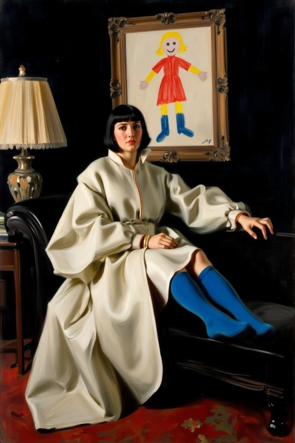 anderszorn1 painting.
A woman seated on an antique, dark wooden chaise longue. The woman has black, straight hair styled in a bob. She is dressed in a white, oversized coat with voluminous sleeves that are tied in a dramatic, asymmetrical knot. Her outfit is complemented by bright, vivid blue, knee-high socks. She is seated with her legs crossed. The background is a deep, dark black. To her left, there is a tall, ornate lamp with a beige, pleated shade. Above her, on the dark wall, hangs a classical painting--except, instead of a traditional scene, it is a crayon drawing, done by a child. The crayon drawing features a simple stick figure with a round head, straight lines for arms and legs, and a big smile. The drawing is childishly colorful, with bright red for the body, yellow for the hair, and blue for the shoes. The figure's eyes are represented by two large dots and the smile by a curved line <lora:anderszorn2_cap_d6a3:1.0><lora:836649725349525628:0>