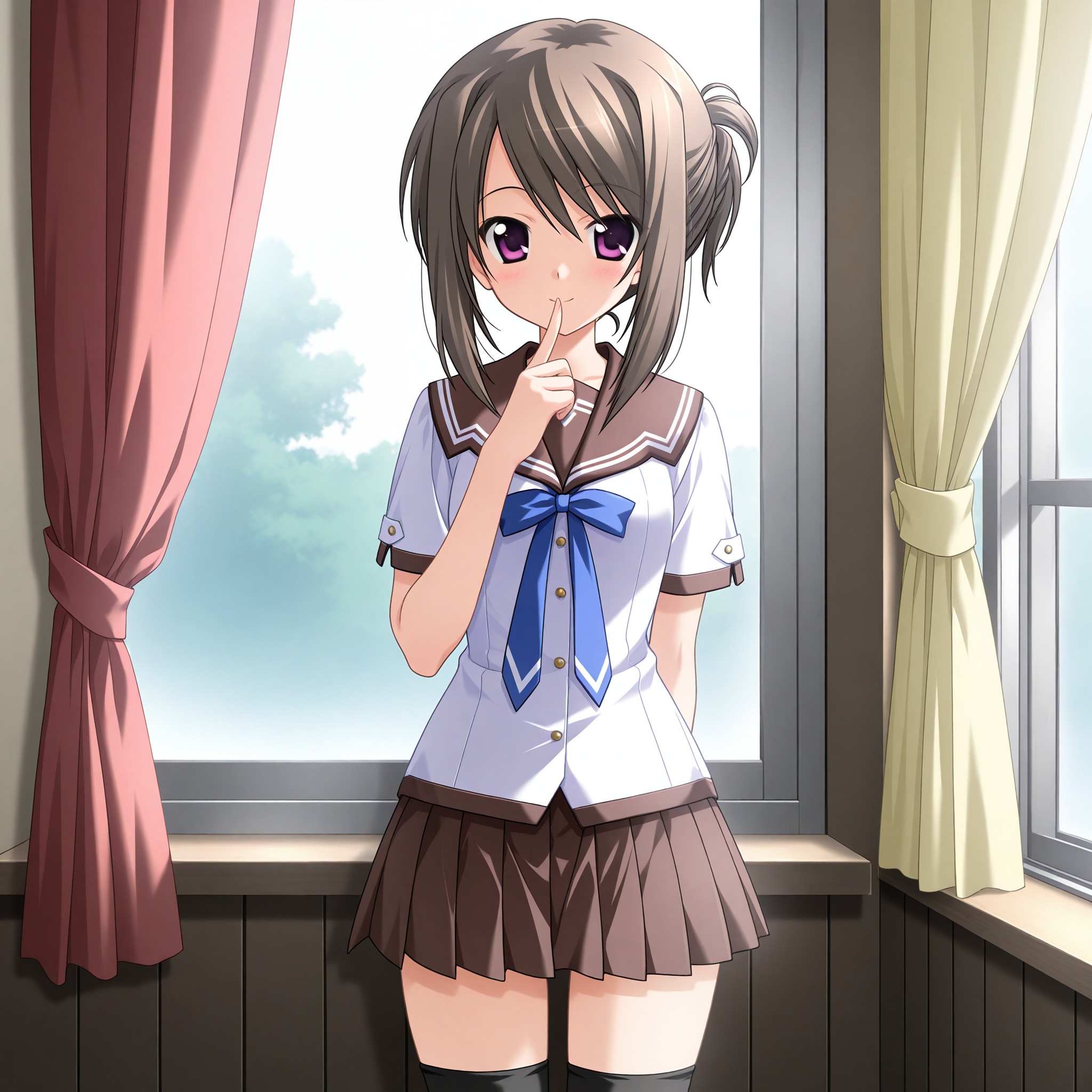 <lora:Hayama_Mizuki_1_nai-000042:1>,Hayama Mizuki,hair up,
school uniform,black thighhighs,serafuku,pleated skirt,white shirt,brown sailor collar,short sleeves,blue bowtie,miniskirt,brown skirt,
1girl,solo,smile,window,standing,curtains,curtain grab,looking at viewer,front view,cowboy_shot,finger to mouth,