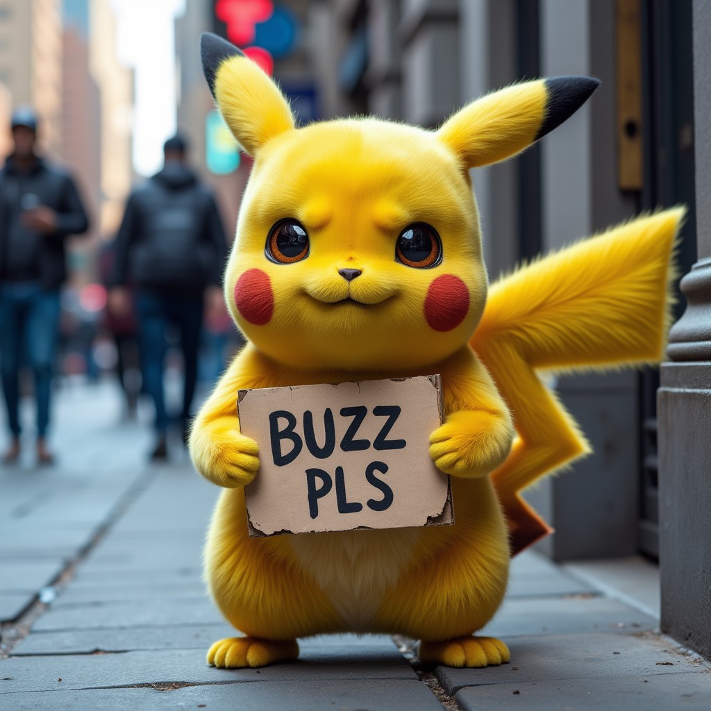 realistic photo of pikachu, homeless, dirty, innocent looking, holding a torn cardboard with "BUZZ PLS" written, standing on the sidewalk of a busy city street