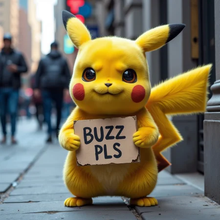 realistic photo of pikachu, homeless, dirty, innocent looking, holding a torn cardboard with "BUZZ PLS" written, standing on the sidewalk of a busy city street