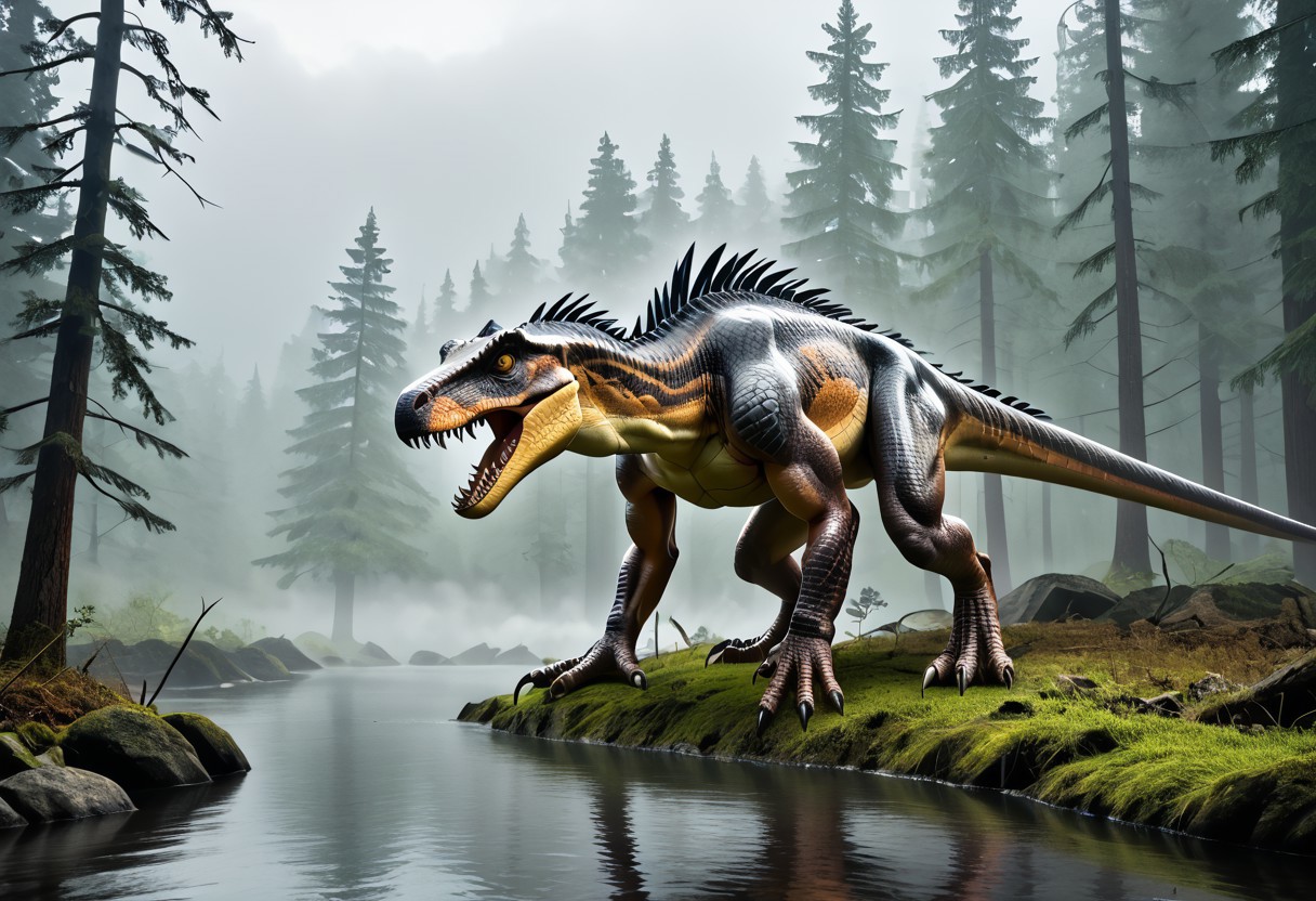 (masterpiece:1.2), Ultra High Res. Unity 8k Wallpaper. (illustration:1.0). (masterpiece:1.2). Best Quality. Ultra-Detailed. Ultra Realistic. Masterpiece. High Detailed Skin. 
BREAK 
Dark Red. White Underside. Black Tigger Pattern. Wyvern-like. Feathers. Long Body. Carnivore. Short Arms. Dinosaur. Two Legs. Standing. Shiny Skin. Wet Skin.
BREAK 
Outdoors. Cloudy. Overcast. Rain. Mist. Fog. Pine Trees. Swamp. Woods. Celtic Mystic Forest. Ambient Lighting. Moody Atmosphere. Detailed Background. Dramatic Lighting. Low Light. Sharp Shading. Cinematic Lighting. Nature.