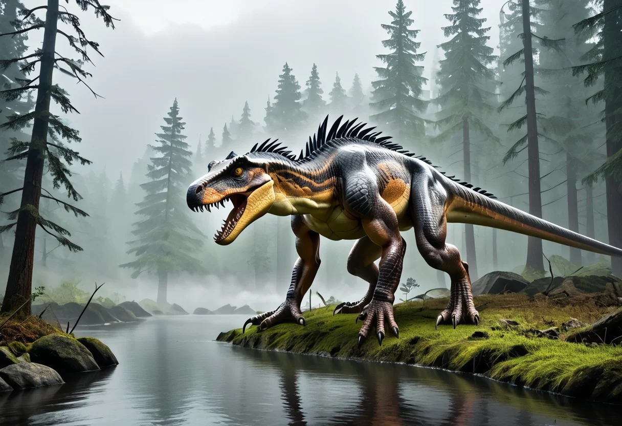 (masterpiece:1.2), Ultra High Res. Unity 8k Wallpaper. (illustration:1.0). (masterpiece:1.2). Best Quality. Ultra-Detailed. Ultra Realistic. Masterpiece. High Detailed Skin.
BREAK
Dark Red. White Underside. Black Tigger Pattern. Wyvern-like. Feathers. Long Body. Carnivore. Short Arms. Dinosaur. Two Legs. Standing. Shiny Skin. Wet Skin.
BREAK
Outdoors. Cloudy. Overcast. Rain. Mist. Fog. Pine Trees. Swamp. Woods. Celtic Mystic Forest. Ambient Lighting. Moody Atmosphere. Detailed Background. Dramatic Lighting. Low Light. Sharp Shading. Cinematic Lighting. Nature.